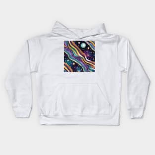 Geometric pattern of curved seamless stripes making a starry night with galaxy and stars Kids Hoodie